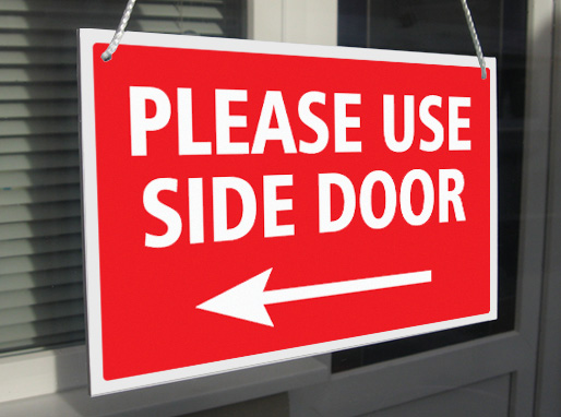 Please Use Side Door Arrow Left Right Hanging Sign Window Door